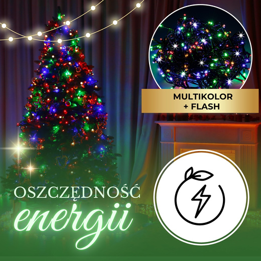 Lampki choinkowe 300 led multikolor + flash 15m oświetlenie świąteczne IP44
