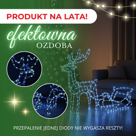 Renifer Led świąteczny z saniami 210 cm świetlna dekoracja biały zimny + flash