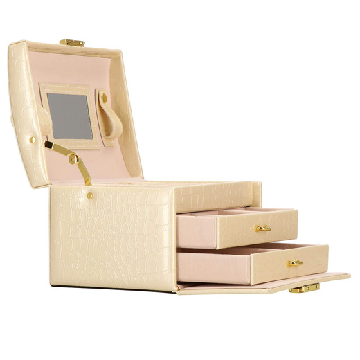 Szkatułka na biżuterię ekoskóra 17,5x14x12,5 cm ecru organizer z przegródkami