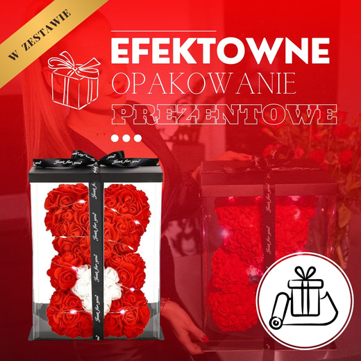 Miś z płatków róż czerwony z sercem, 22 cm rose bear z lampkami LED biały zimny