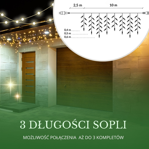 Kurtyna świetlna 200 led girlanda, lampki wewnętrzno-zewnętrzne sople ciepły biały