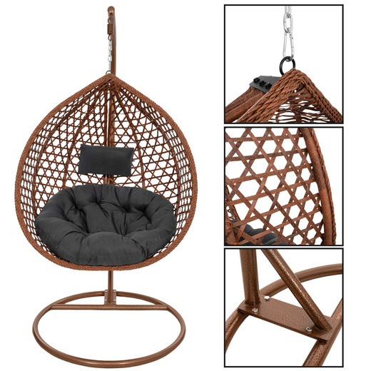 Kokon ogrodowy rattanowy z poduszkami fotel wiszący bujak huśtawka na metalowym stelażu brązowa