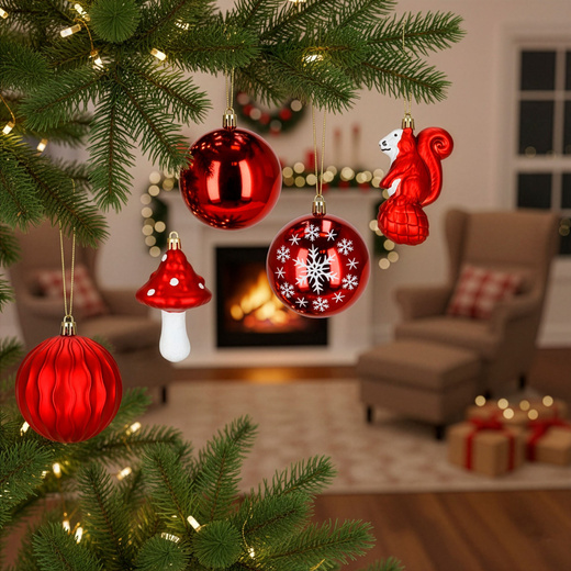 Bombki choinkowe 14 szt. mix wzorów: okrągłe, muchomorek, sowa, wiewiórka, dekoracje świąteczne, czerwone