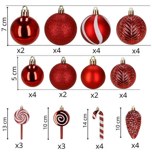 Bombki choinkowe 40 szt. ozdoby kule, lizaki, szyszki, laski cukrowe nietłukące, czerwone