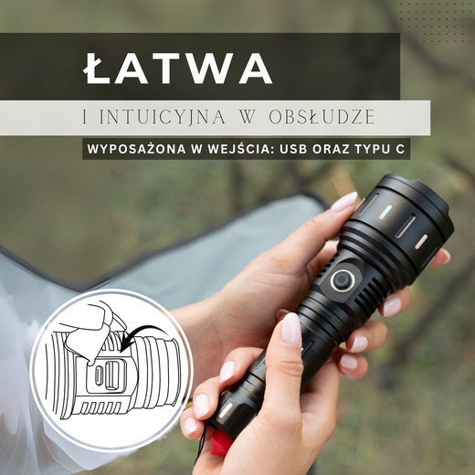 Latarka taktyczna LED wojskowa wielofunkcyjna z zoomem akumulatorowa czarna