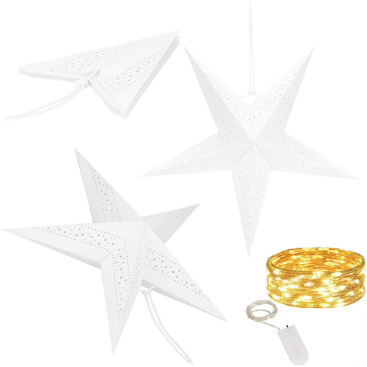 Gwiazda świąteczna papierowa biała i lampki choinkowe led ciepły biały