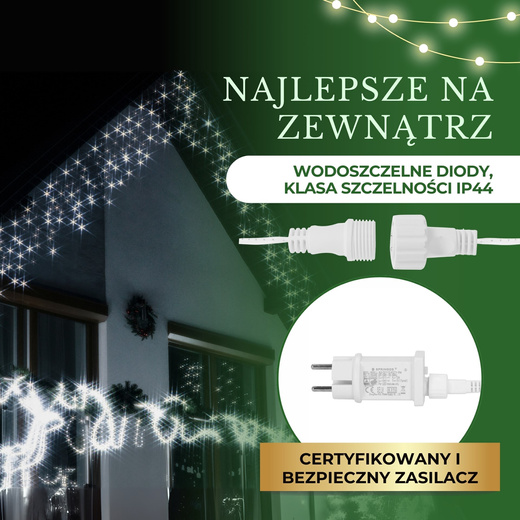 Kurtyna świetlna 300 led girlanda, lampki wewnętrzno-zewnętrzne 15,5 m sople biały zimny + flash