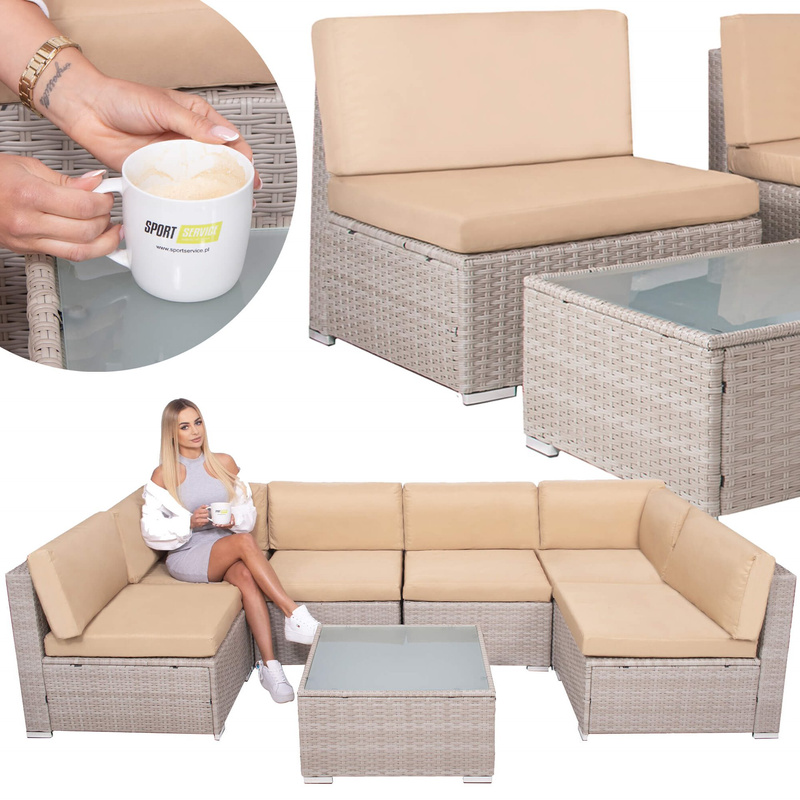 Meble ogrodowe zestaw modułowy technorattan stolik kawowy i 6 modułów beżowy