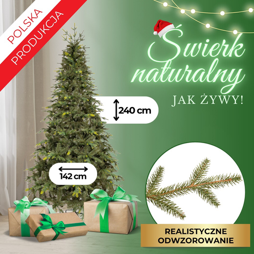 Choinka sztuczna 240 cm świerk naturalny jak żywy, ze stojakiem nowoczesny gęsty 