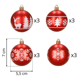 Bombki choinkowe 7 cm 12 szt. zestaw ozdoby świąteczne zdobione półmatowe, czerwone białe