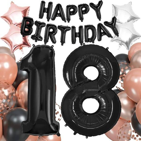 Balony na 18 urodziny zestaw 53 szt. napis happy birthday czarny, rosegold