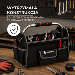 Torba warsztatowa, monterska organizer na narzędzia z kieszeniami, otwarta, czarna