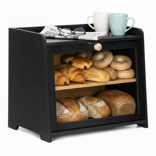 Chlebak bambusowy duży zamykany dwupoziomowy z okienkiem szafka na pieczywo czarna