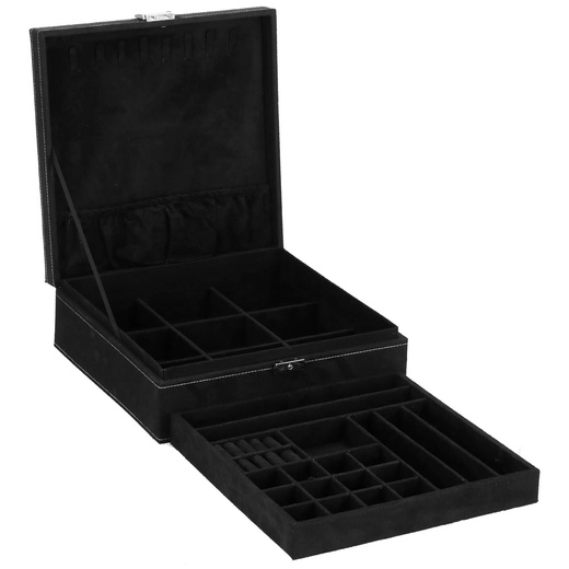 Szkatułka na biżuterię 26x26x9 cm czarny, welurowy organizer z przegródkami
