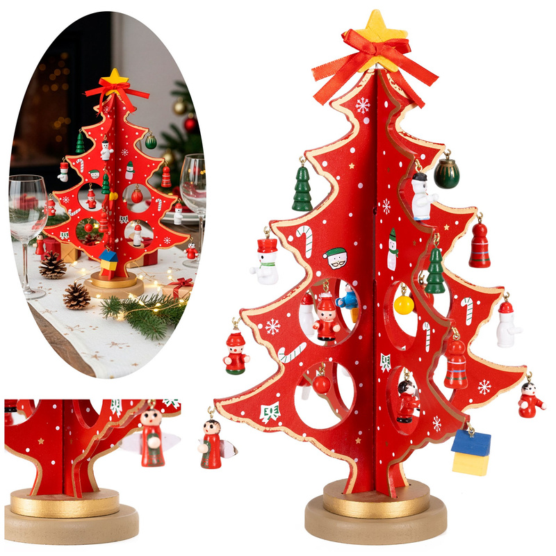 Choinka drewniana świąteczna 29 cm z figurkami dekoracja bożonarodzeniowa czerwona