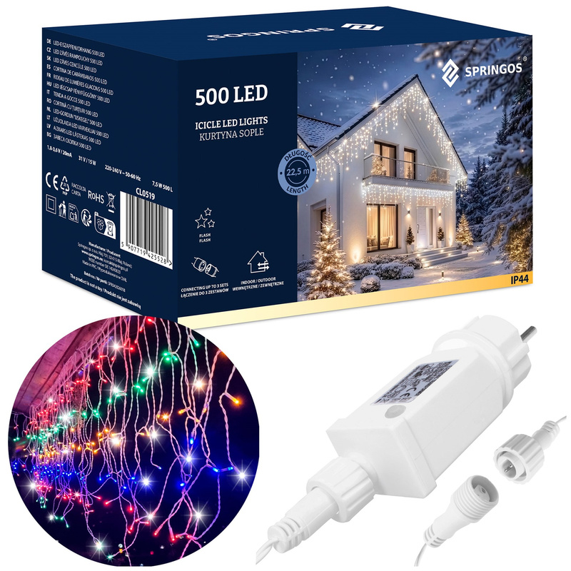 Kurtyna świetlna 500 led girlanda, lampki wewnętrzno-zewnętrzne sople multikolor z zimnym białym flash