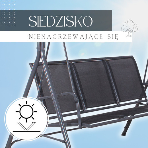 Huśtawka ogrodowa 3 osobowa fiona stalowa do 220 kg z regulowanym daszkiem i poduszkami