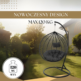 Kokon ogrodowy rattanowy z poduszkami fotel wiszący bujak huśtawka na metalowym stelażu czarna