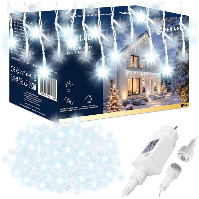 Kurtyna świetlna 1000 led girlanda, lampki wewnętrzno-zewnętrzne sople zimny biały z flash
