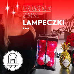 Miś z płatków róż czerwony z sercem, 22 cm rose bear z lampkami LED biały zimny