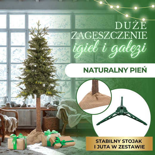 Choinka sztuczna na pniu 180 cm świerk naturalny ze stojakiem nowoczesny
