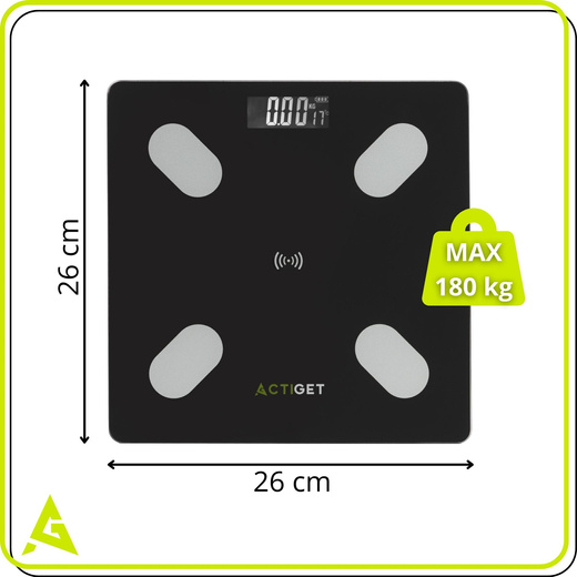 Waga łazienkowa, elektroniczna 180 kg szkło hartowane, LCD, z bluetooth, aplikacją czarna