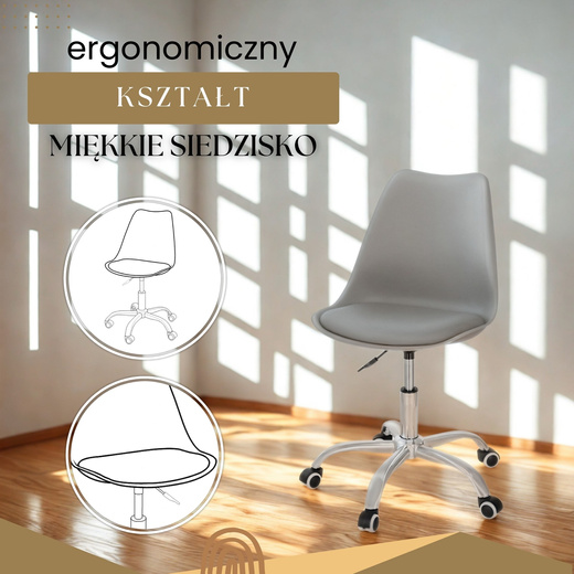 Fotel biurowy, obrotowy z regulacją wysokości, krzesło do komputera na kółkach, szare