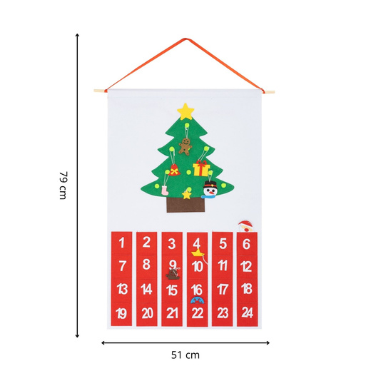 Kalendarz adwentowy, wiszący z 24 przegródkami, 10 zawieszek na choinkę, multikolor
