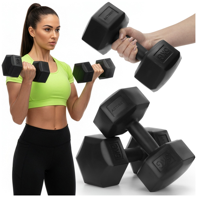 Ciężarki 2x5 kg hexagonalne do ćwiczeń fitness hantle zestaw 2 szt. czarne