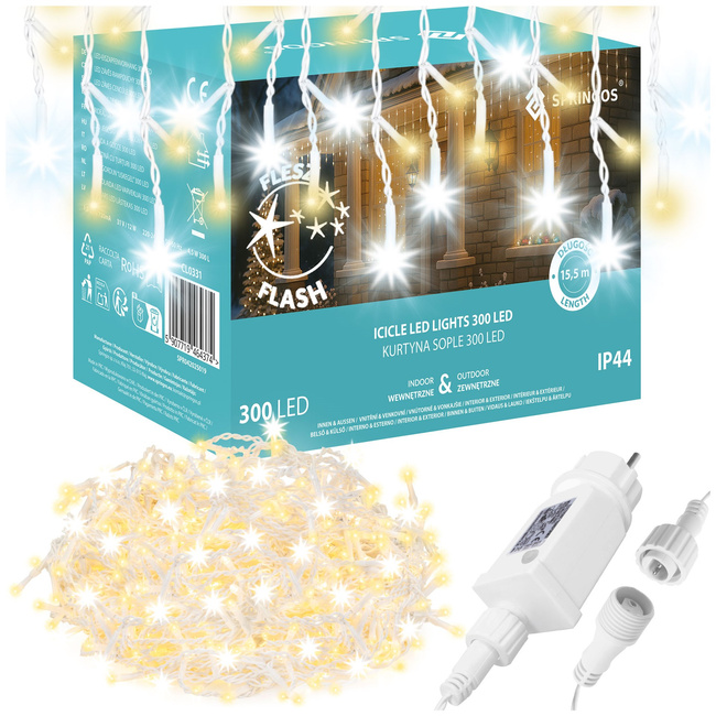 Kurtyna świetlna 300 led girlanda, lampki wewnętrzno-zewnętrzne sople biały ciepły + flash