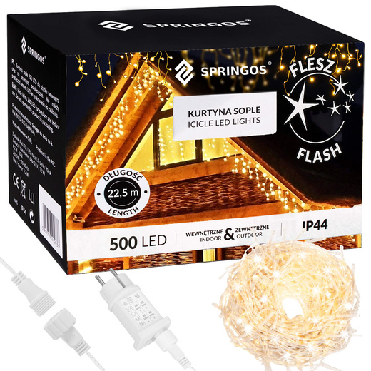 Kurtyna świetlna 500 led girlanda, lampki wewnętrzno-zewnętrzne 22,5 m sople biały ciepły + flash