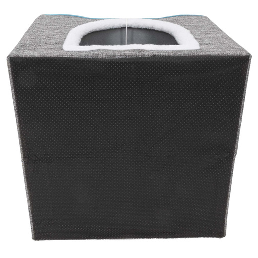 Legowisko dla kota z zabawką i drapakiem 42x41x34 cm koci domek, posłanie szare