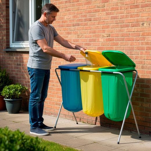 Stelaż na trzy worki do segregacji odpadów, stojak z pokrywami na śmieci