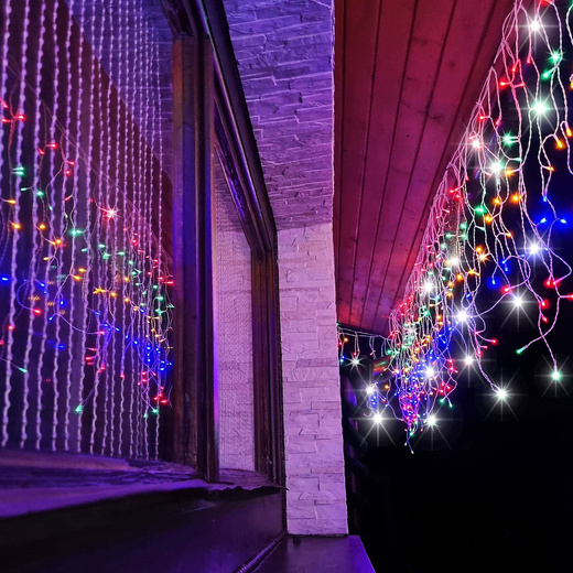 Kurtyna świetlna 500 led girlanda, lampki wewnętrzno-zewnętrzne sople multikolor z zimnym białym flash