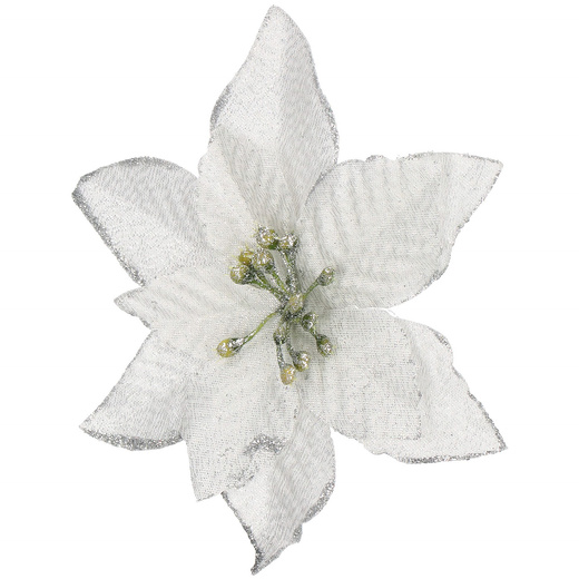 Gwiazda betlejemska, sztuczny kwiat poinsecja srebrna z brokatem, na klipsie