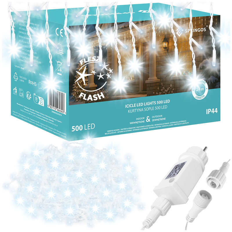 Kurtyna świetlna 500 led girlanda, lampki wewnętrzno-zewnętrzne sople biały zimny + flash