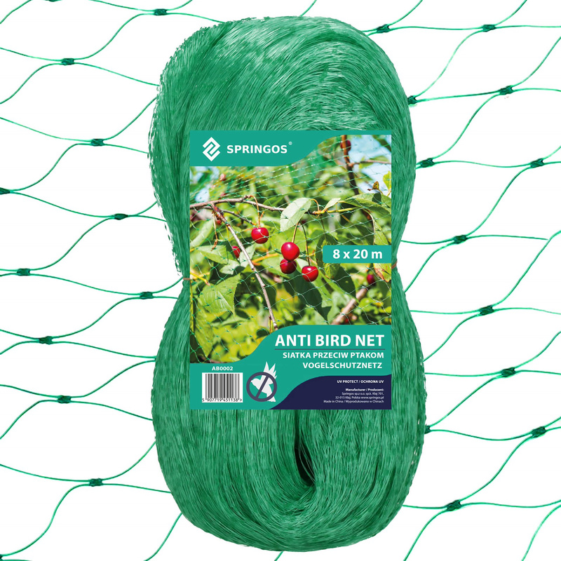 Siatka na ptaki zabezpieczająca ochronna 8x20m z kotwami mocującymi 20 szt. zielona