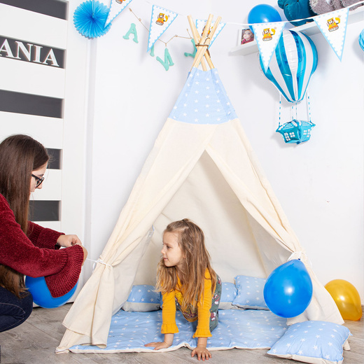 Namiot Tipi dla dzieci wigwam błękitny w gwiazdki XXL