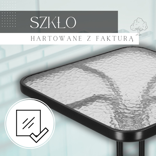 Meble tarasowe: stolik kawowy ze szkła hartowanego, krzesła metalowe 4 szt. do ogrodu czarne