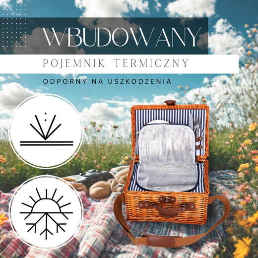 Kosz piknikowy z wyposażeniem dla dwóch osób 37x27x20 cm termiczny, wiklinowy, brązowy