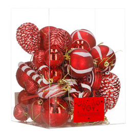 Bombki choinkowe 40 szt. ozdoby kule, lizaki, szyszki, laski cukrowe nietłukące, czerwone