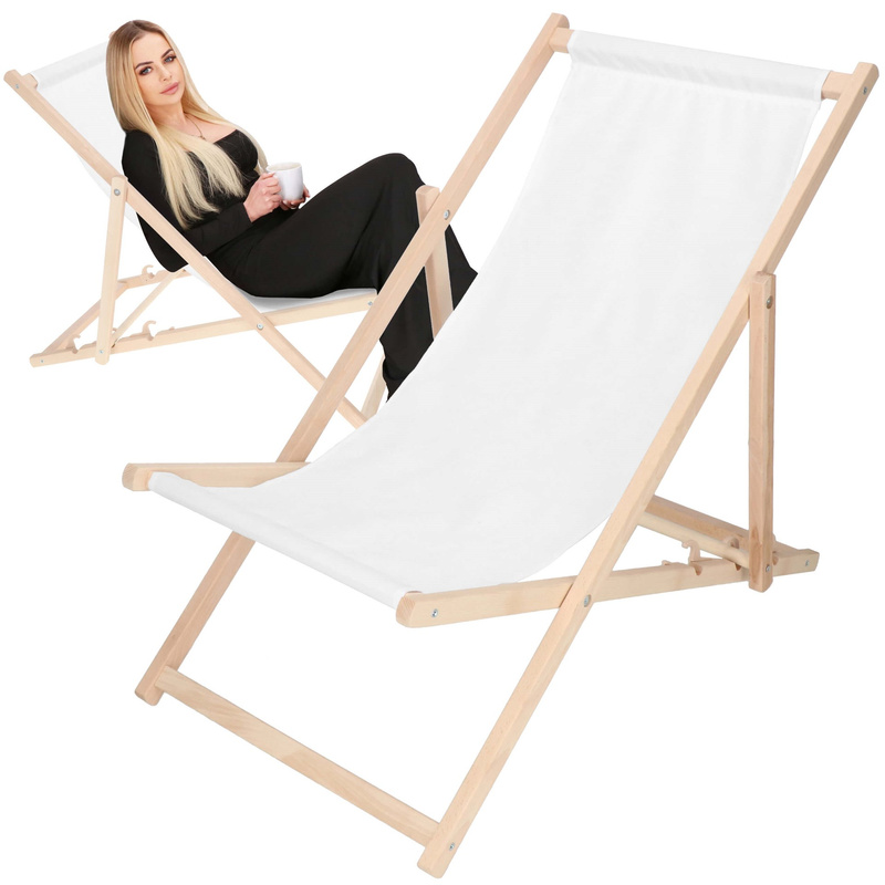 Leżak ogrodowy, drewniany z 3-stopniową regulacją, plażowy, balkonowy, biały