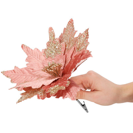 Gwiazda betlejemska, sztuczny kwiat na klipsie poinsecja różowa srebrne cekiny