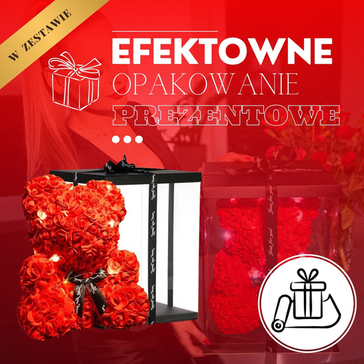 Miś z płatków róż czerwony 22 cm rose bear z kokardką i lampkami LED biały ciepły