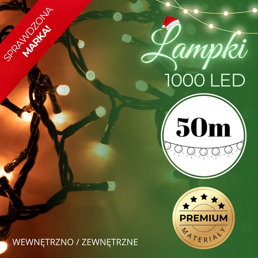 Lampki choinkowe 1000 led bialy ciepły 50m oświetlenie świąteczne IP44