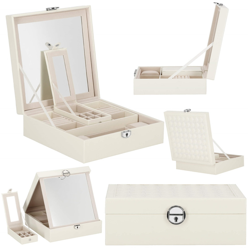 Szkatułka na biżuterię ekoskóra 25x25x8,5 cm kremowy organizer z przegródkami