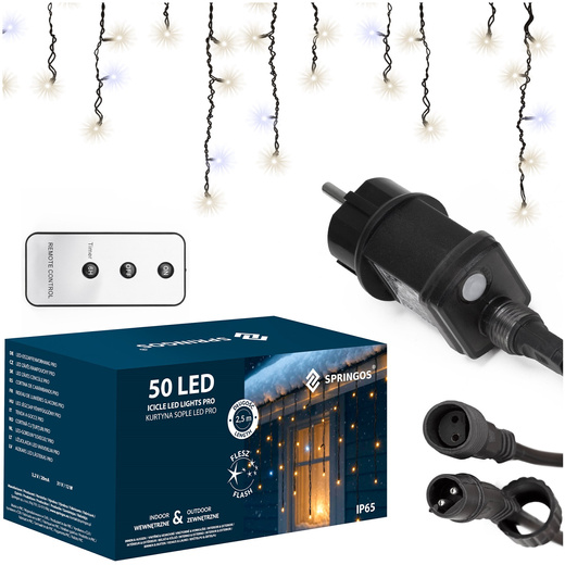 Kurtyna świetlna PRO 500 Led lampki zewnętrzne 25 m zimny biały + zimny biały flash zestaw