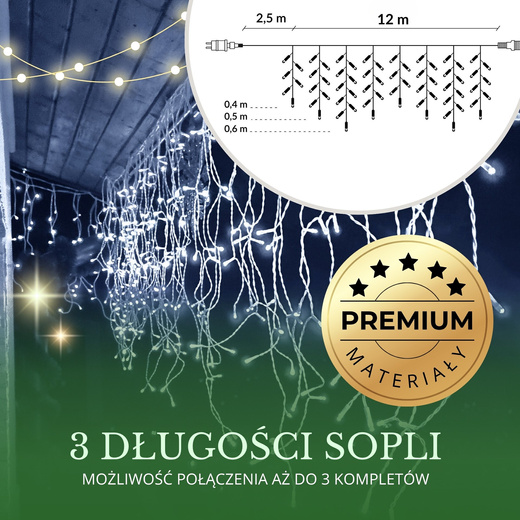 Kurtyna świetlna z pilotem 14,5 m  girlanda 300 led lampki wewnętrzno-zewnętrzne sople zimny biały