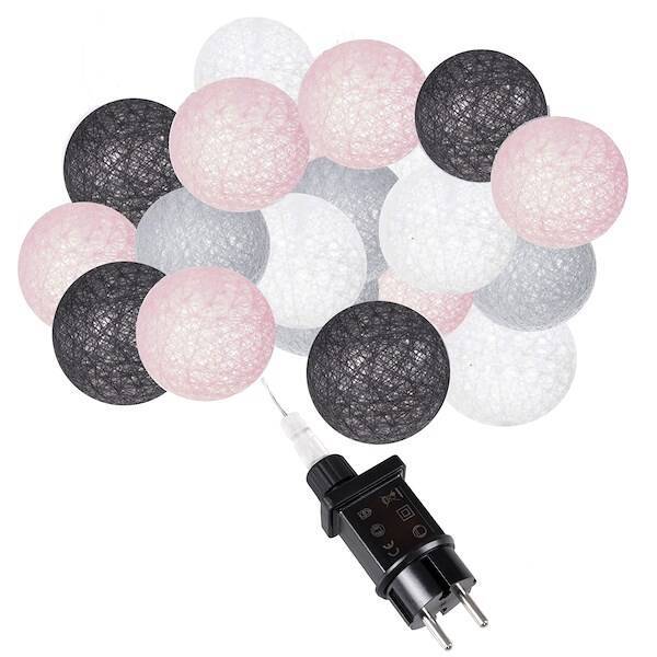 Cotton balls 20 led lampki dekoracyjne, girlanda na prąd grafitowo-białe