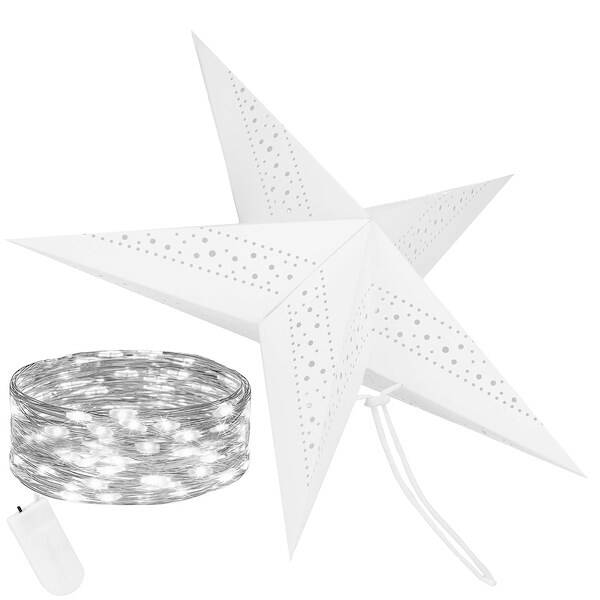 Gwiazda świąteczna papierowa biała i lampki choinkowe led zimny biały